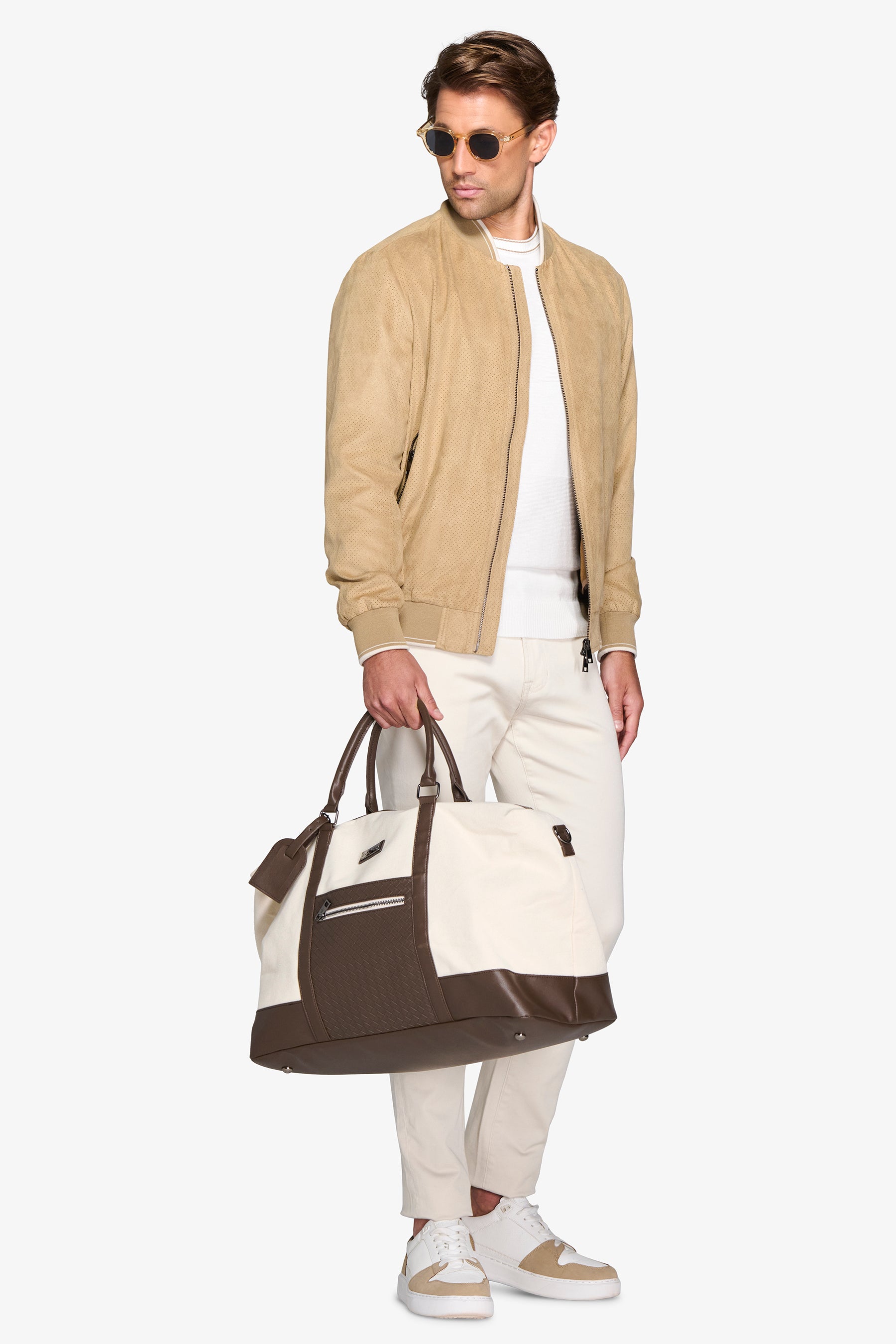 Sand perforated eco-suede bomber jacket