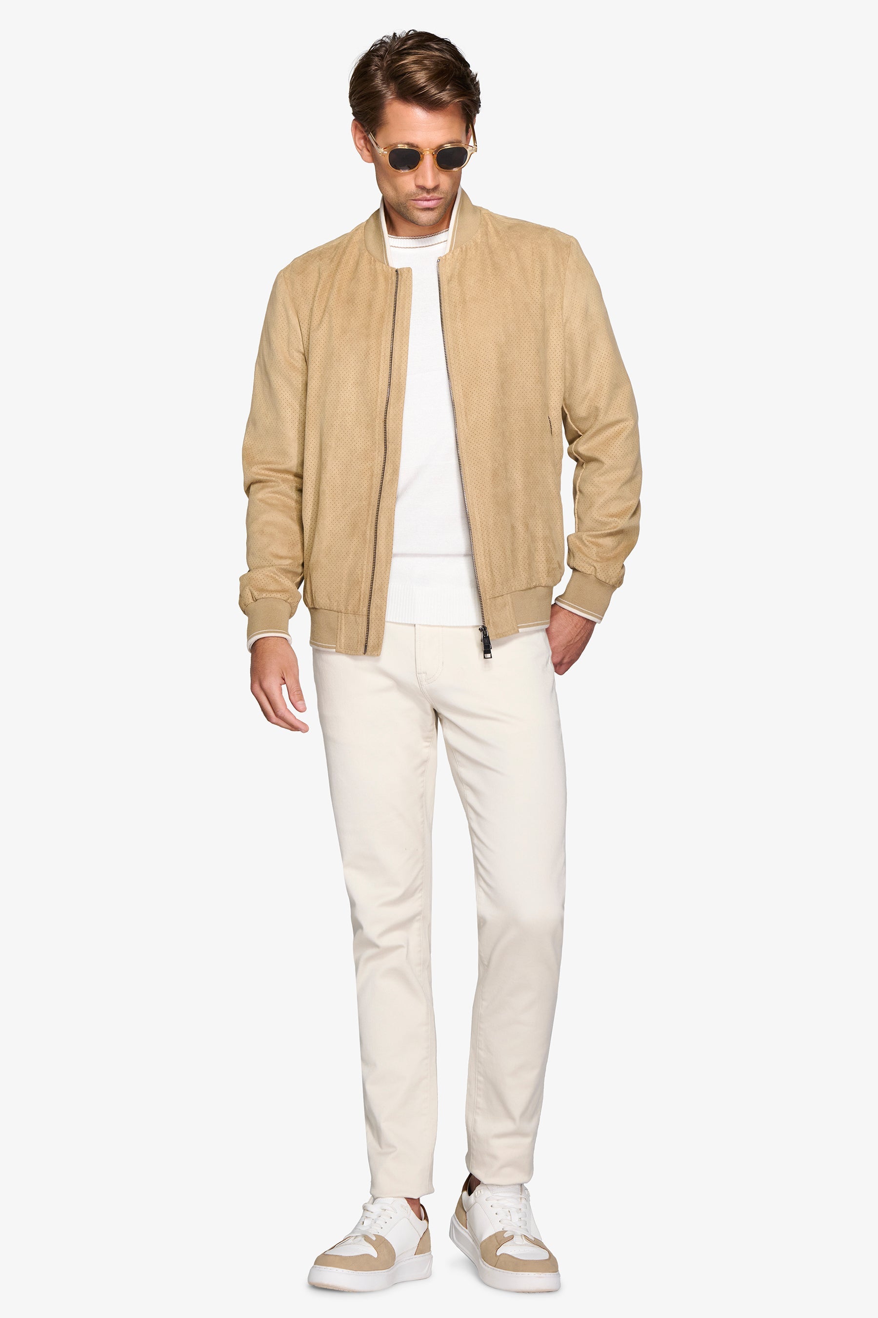 Sand perforated eco-suede bomber jacket