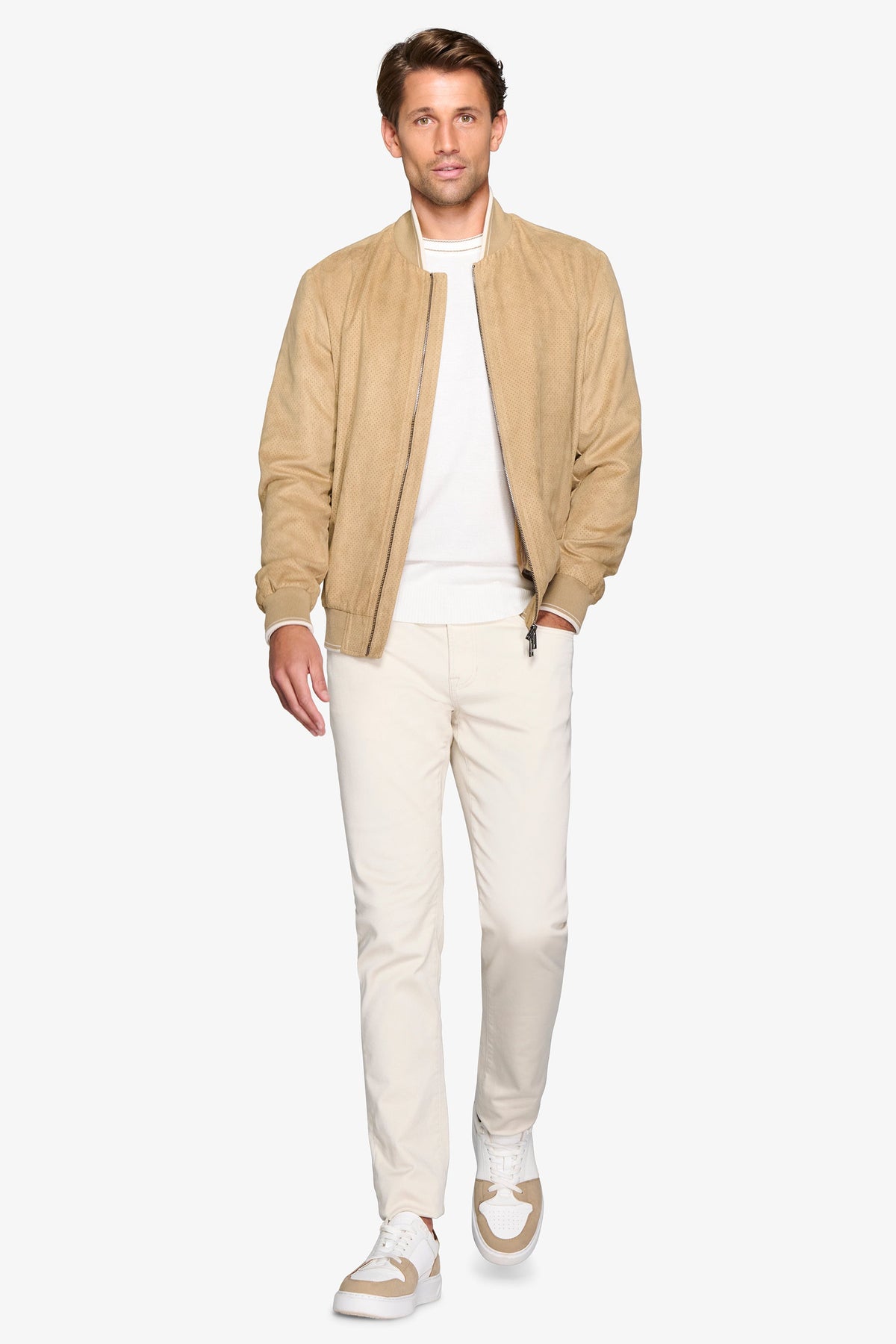 Sand perforated eco-suede bomber jacket