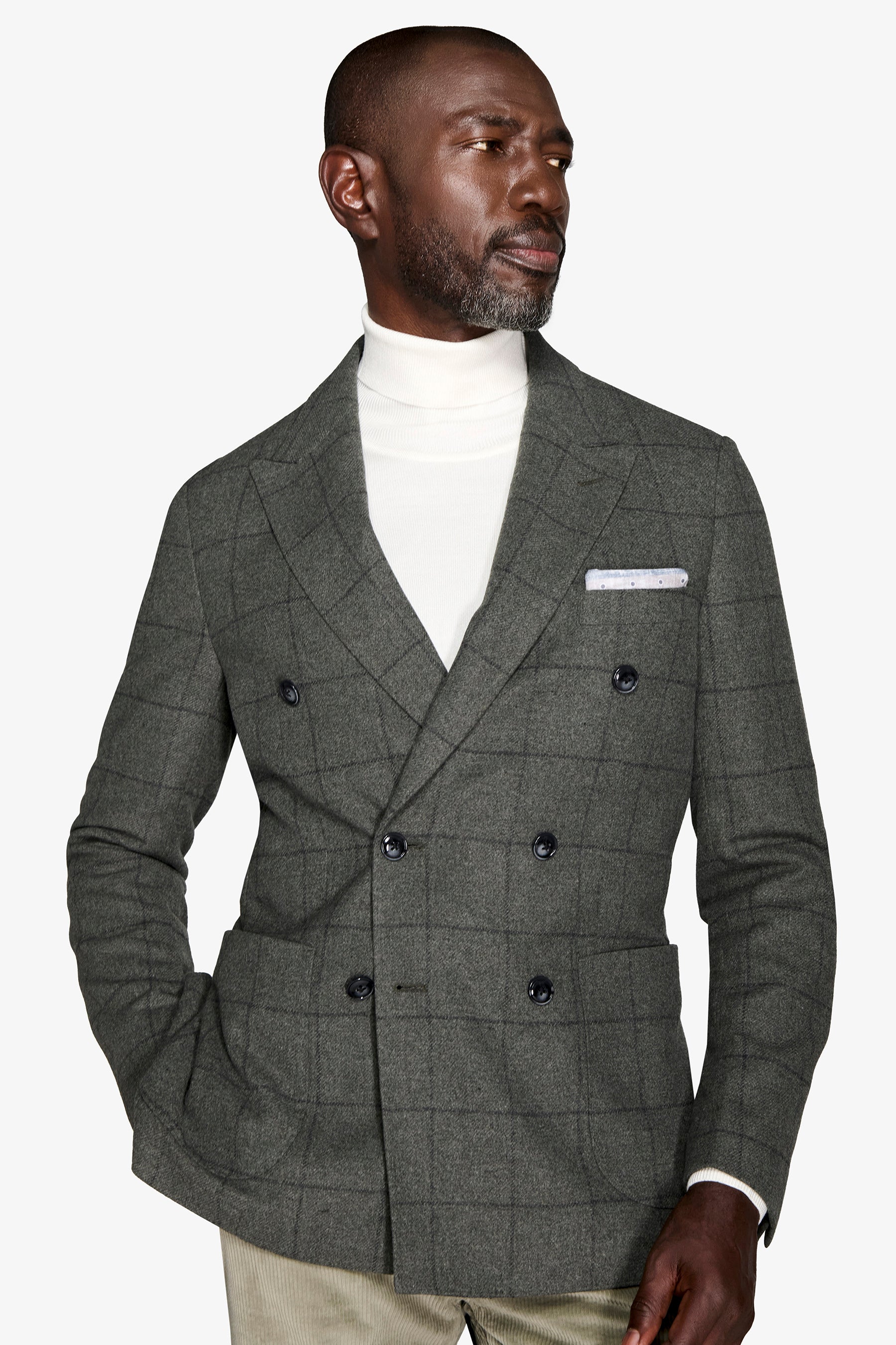 Double-breasted jacket with green windows