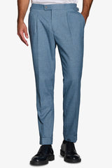Flannel trousers with light blue pleats