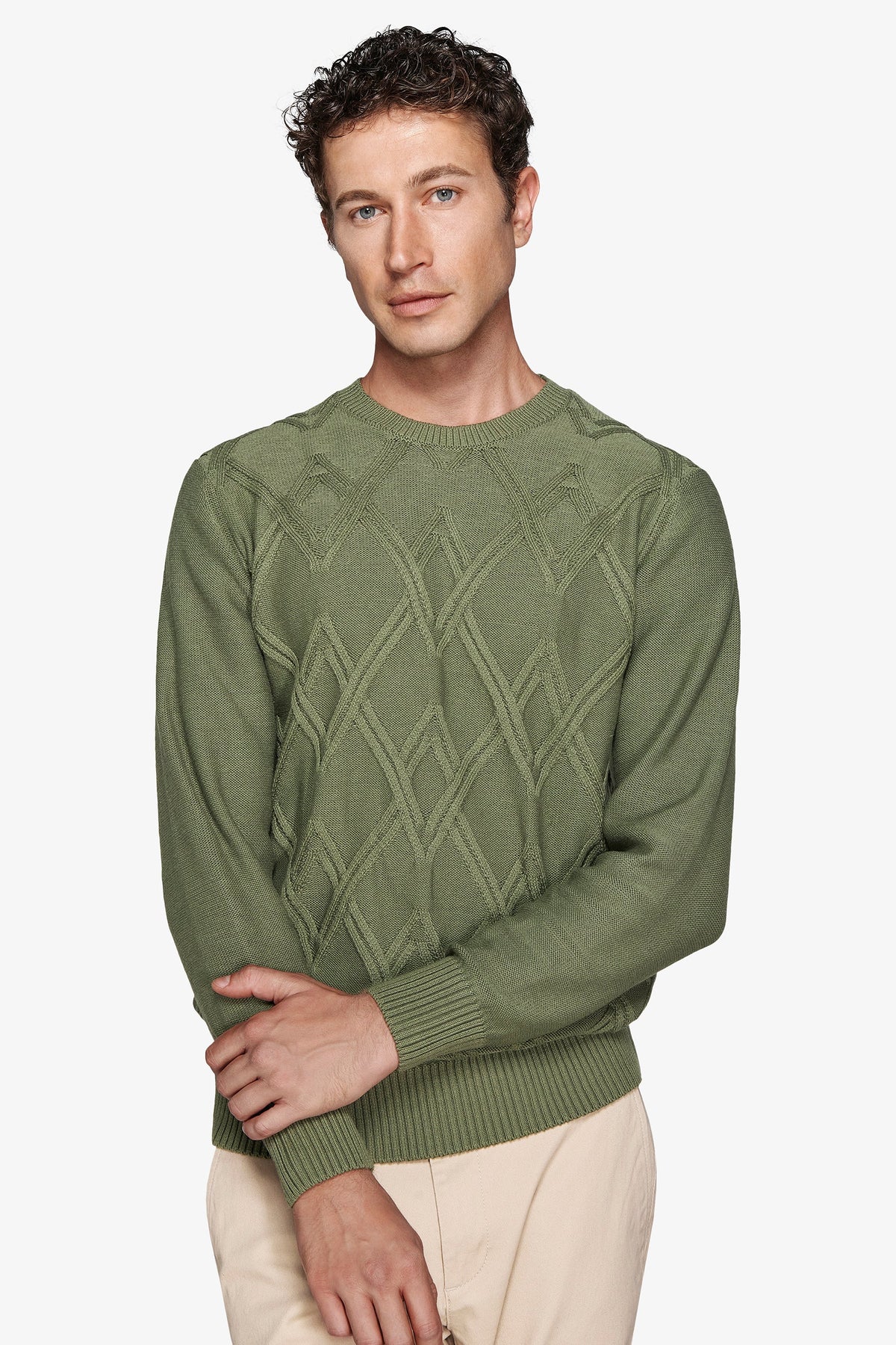Maglia girocollo treccia piazzata verde-Dan John