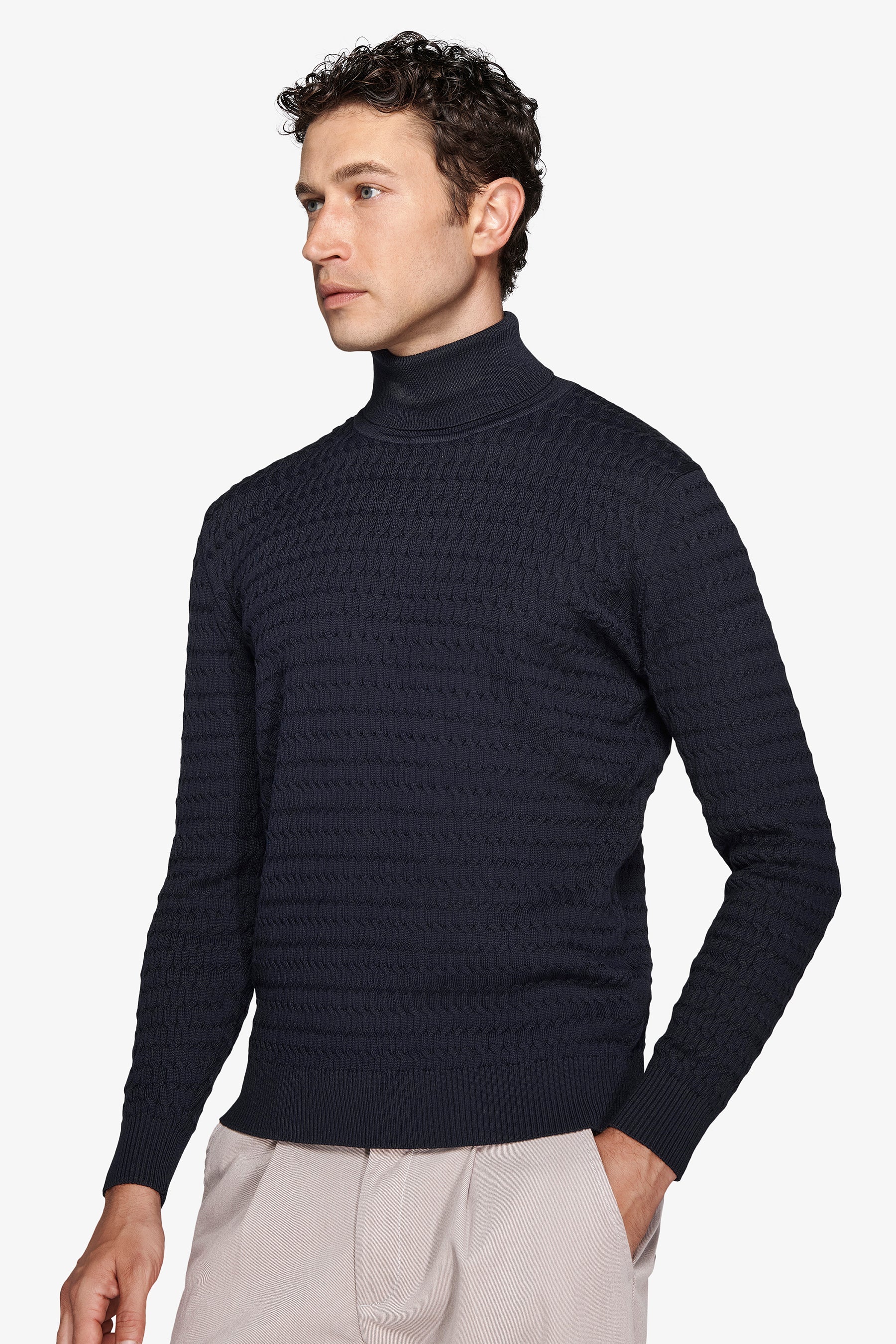 Maglia dolcevita a treccina blu-Dan John