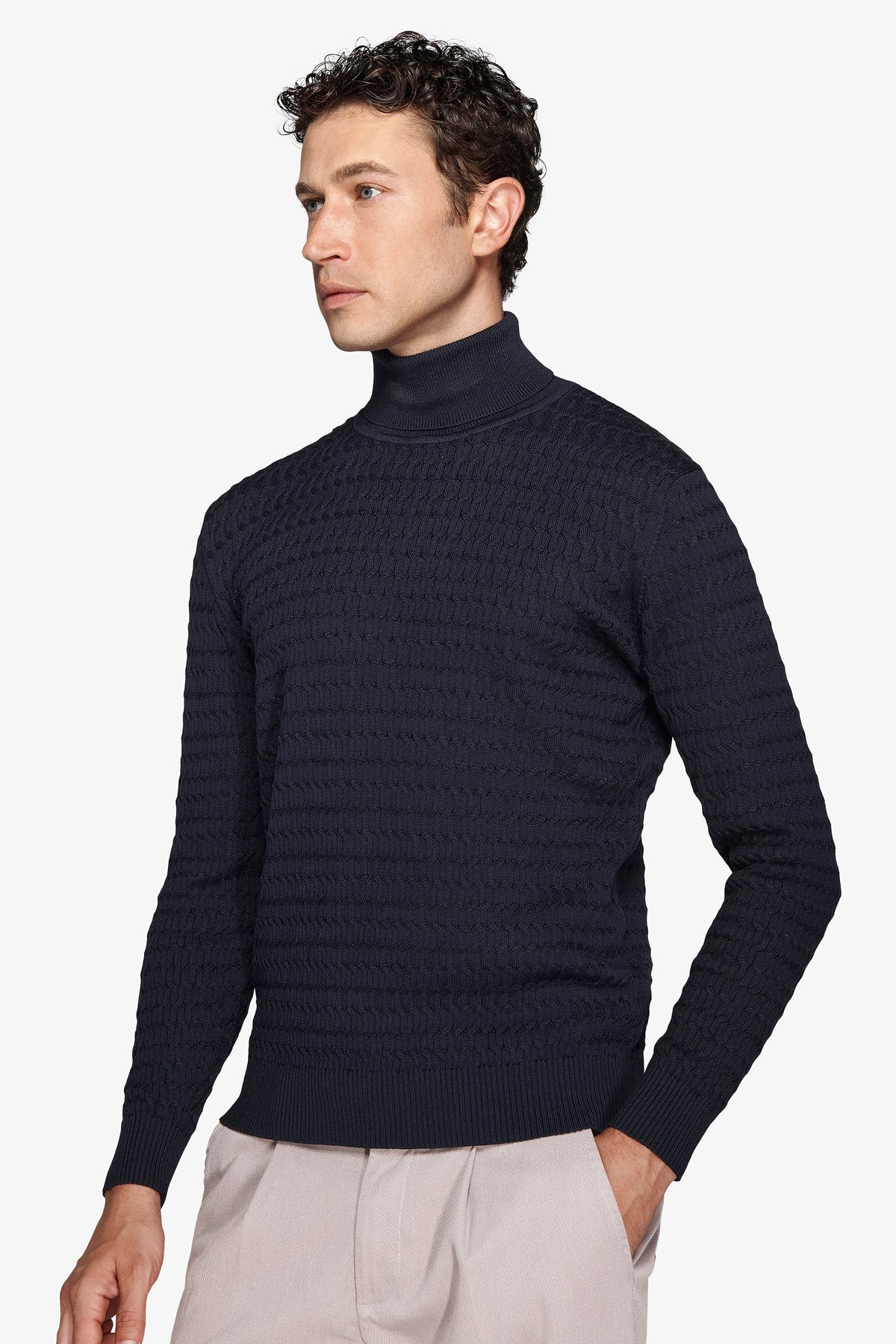 Maglia dolcevita a treccina blu-Dan John