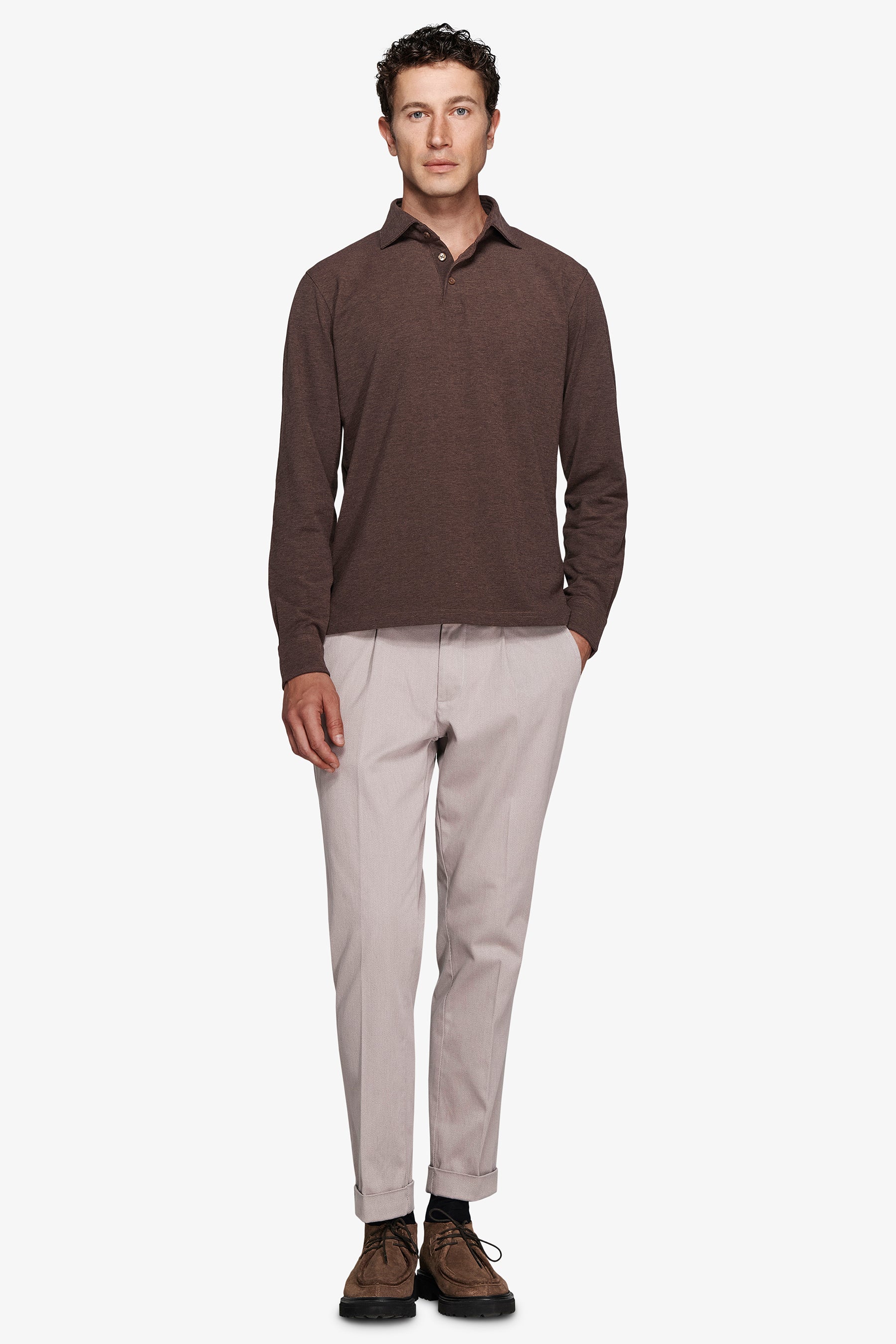 Polo piquet stretch con collo camicia tortora-Dan John