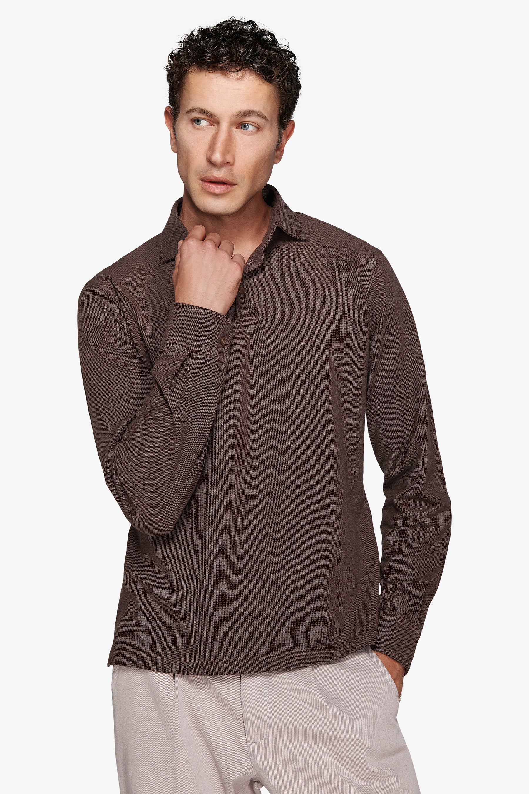 Polo piquet stretch con collo camicia tortora-Dan John
