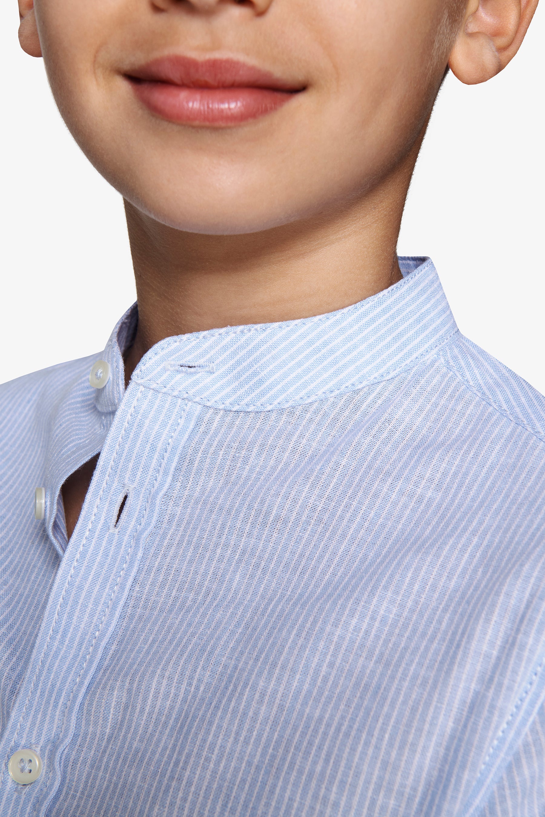 Camicia coreana a righe misto lino celeste Kids-Dan John