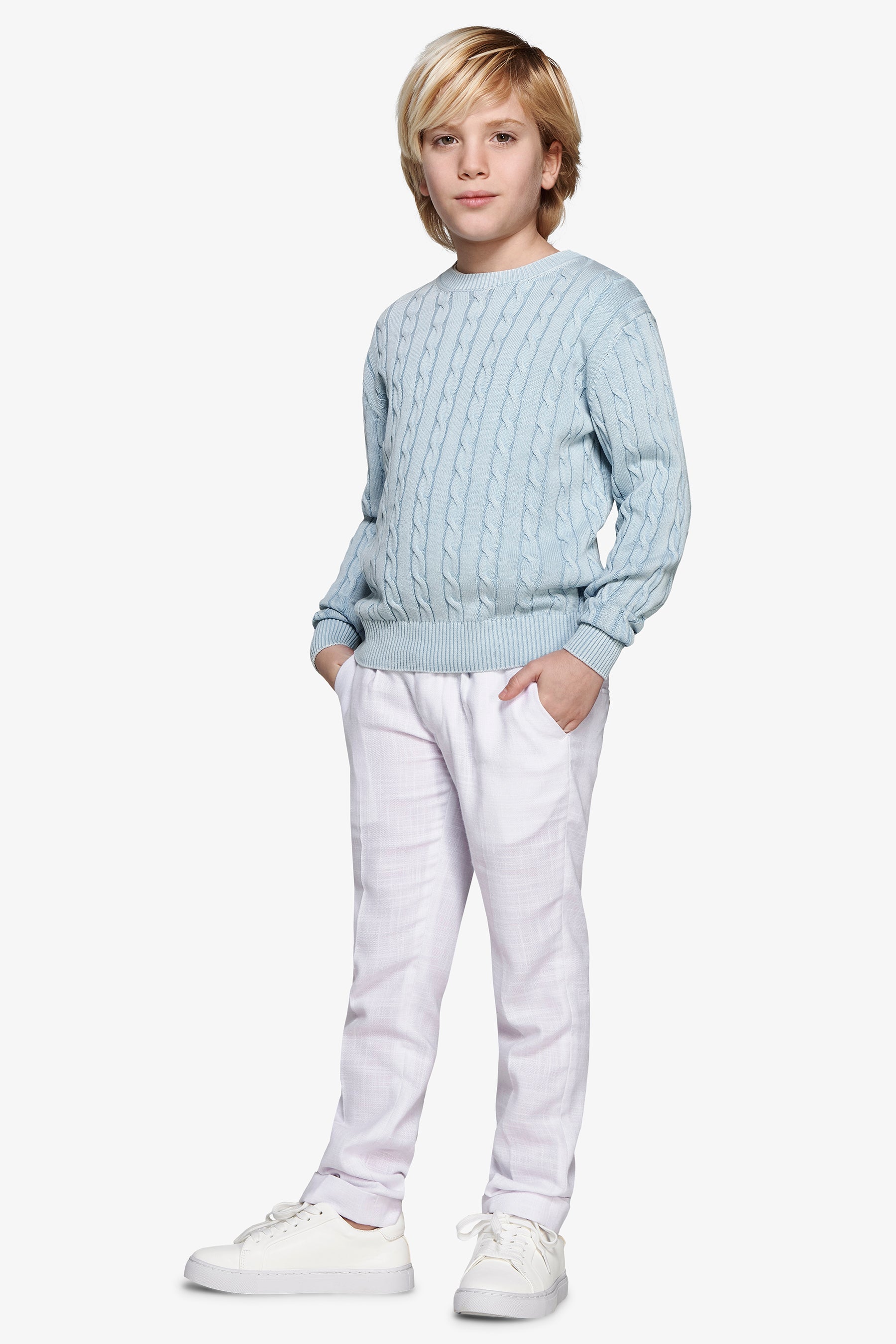 Maglia girocollo treccia celeste Kids-Dan John