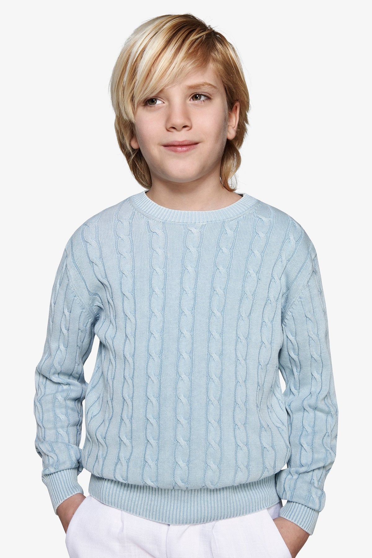 Maglia girocollo treccia celeste Kids-Dan John