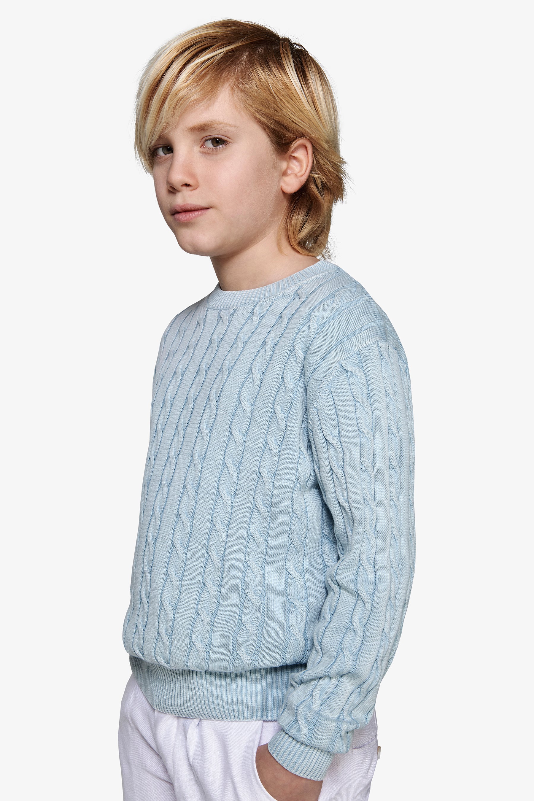 Maglia girocollo treccia celeste Kids-Dan John