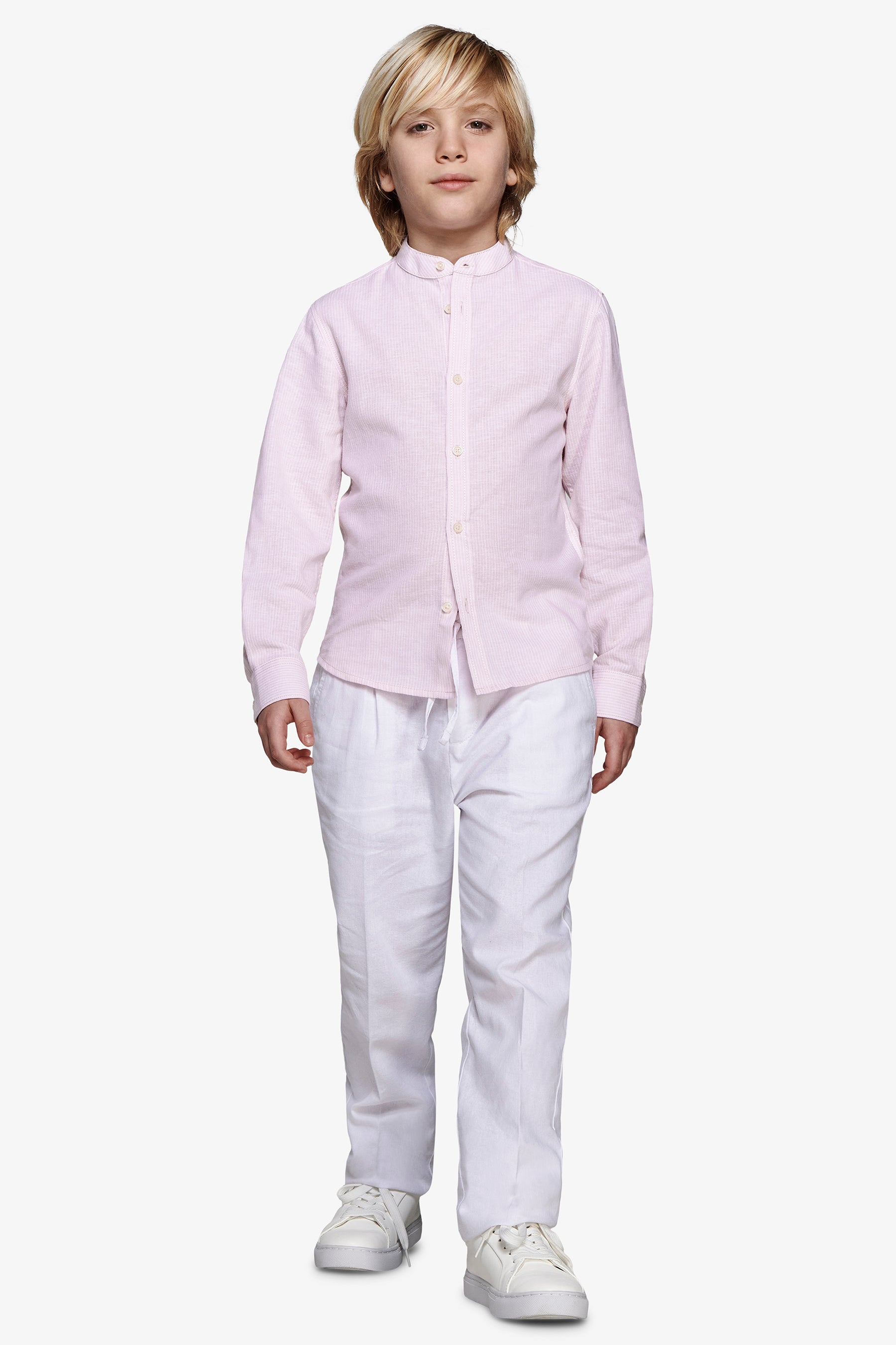 Camicia coreana a righe misto lino rosa Kids-Dan John