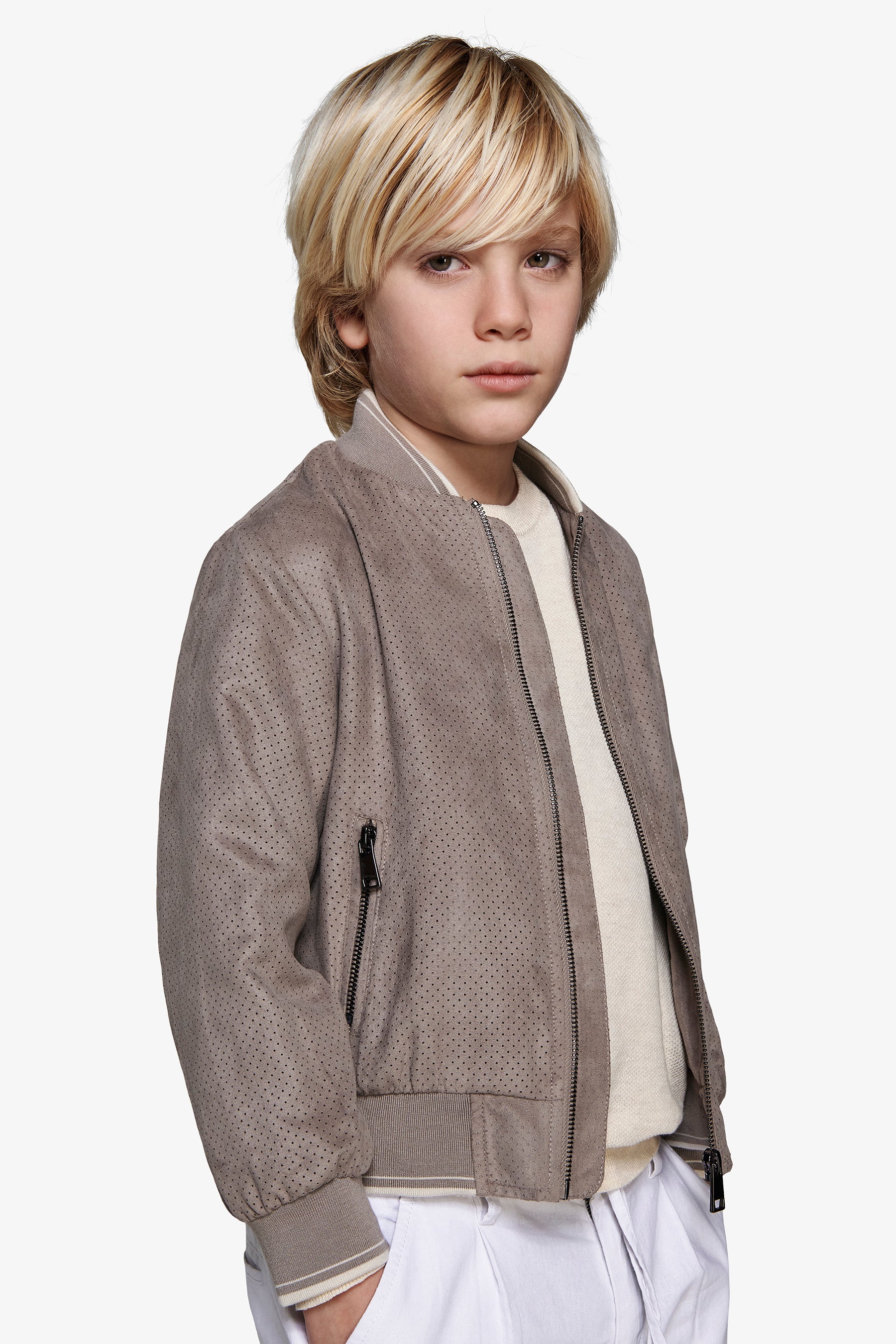 Bomber in ecosuede traforato tortora Kids-Dan John