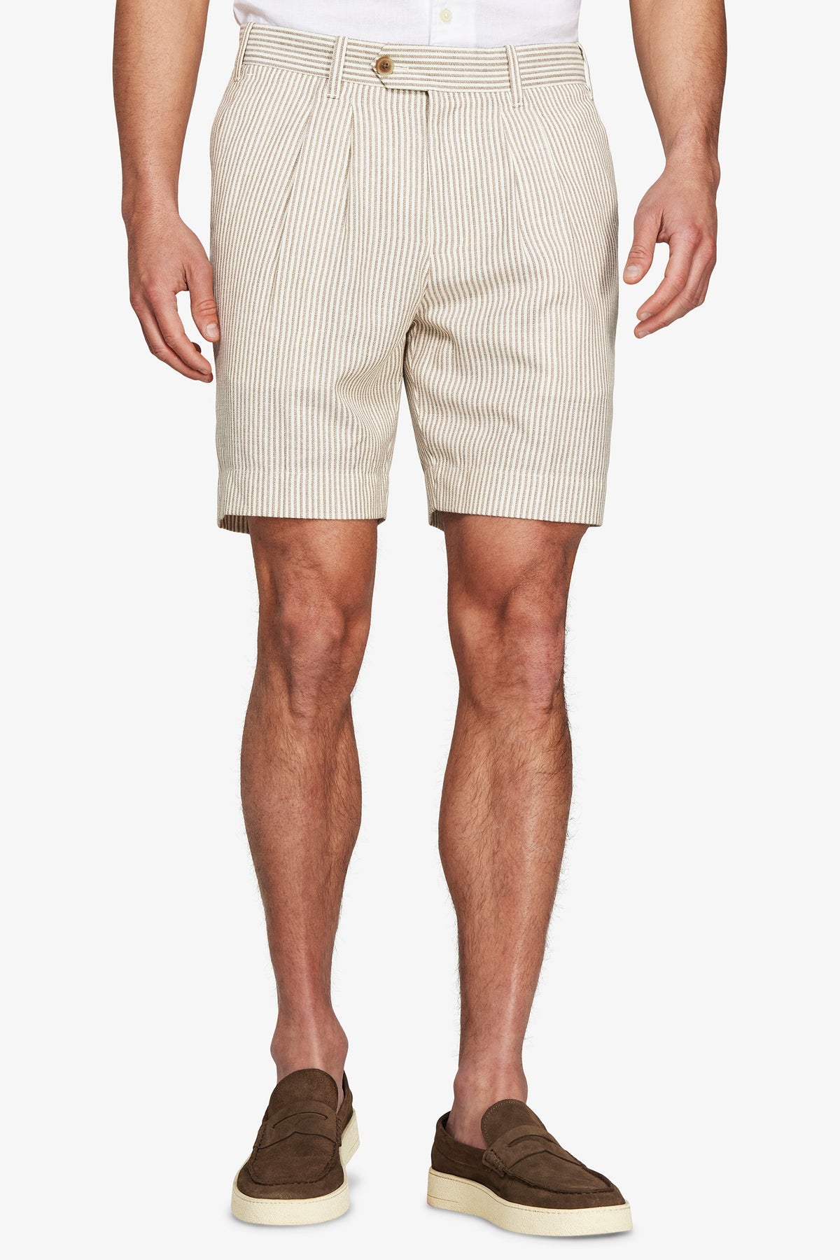 Dove grey striped linen blend Bermuda shorts