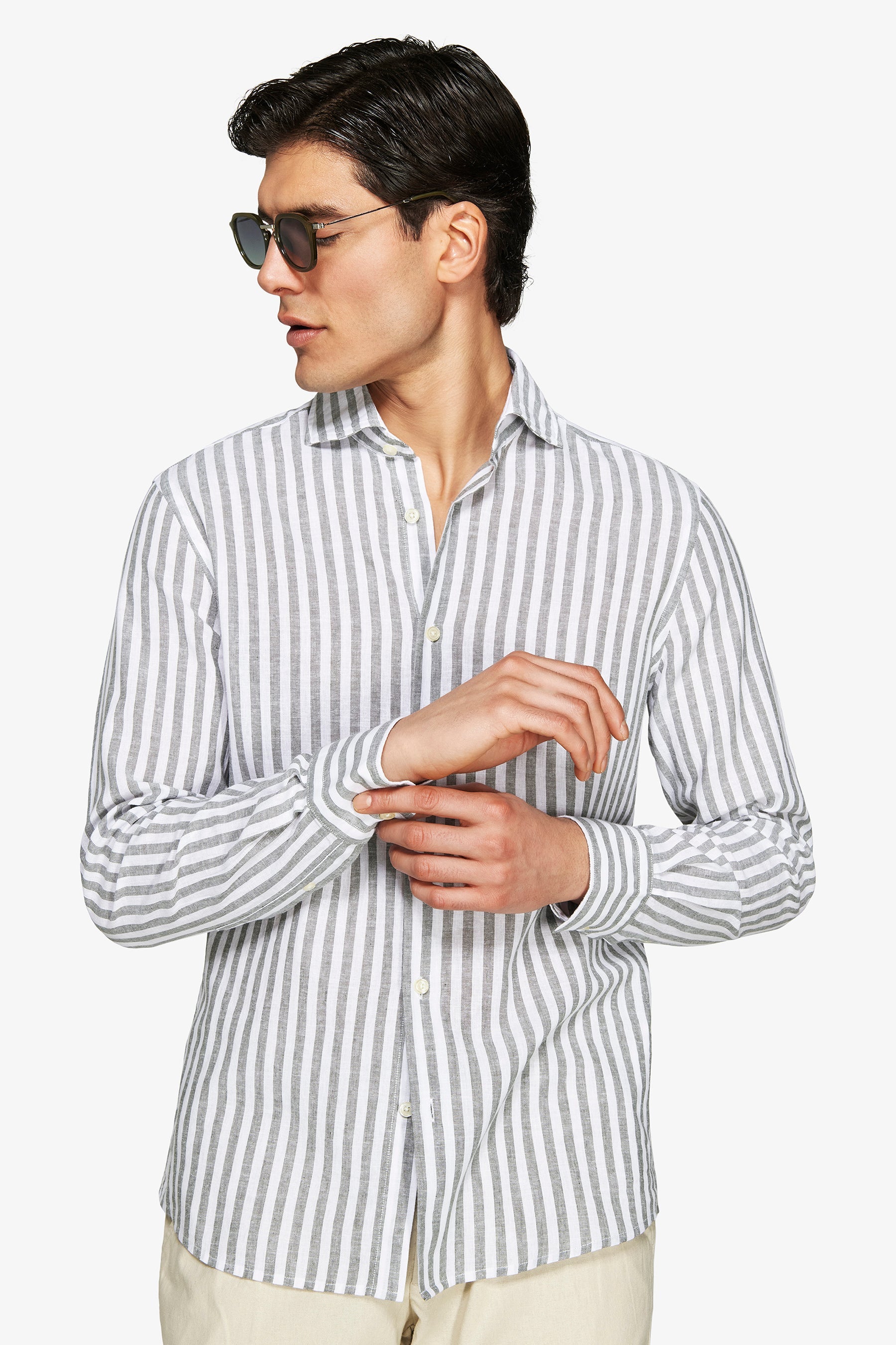 Camicia misto lino a righe verde-Dan John