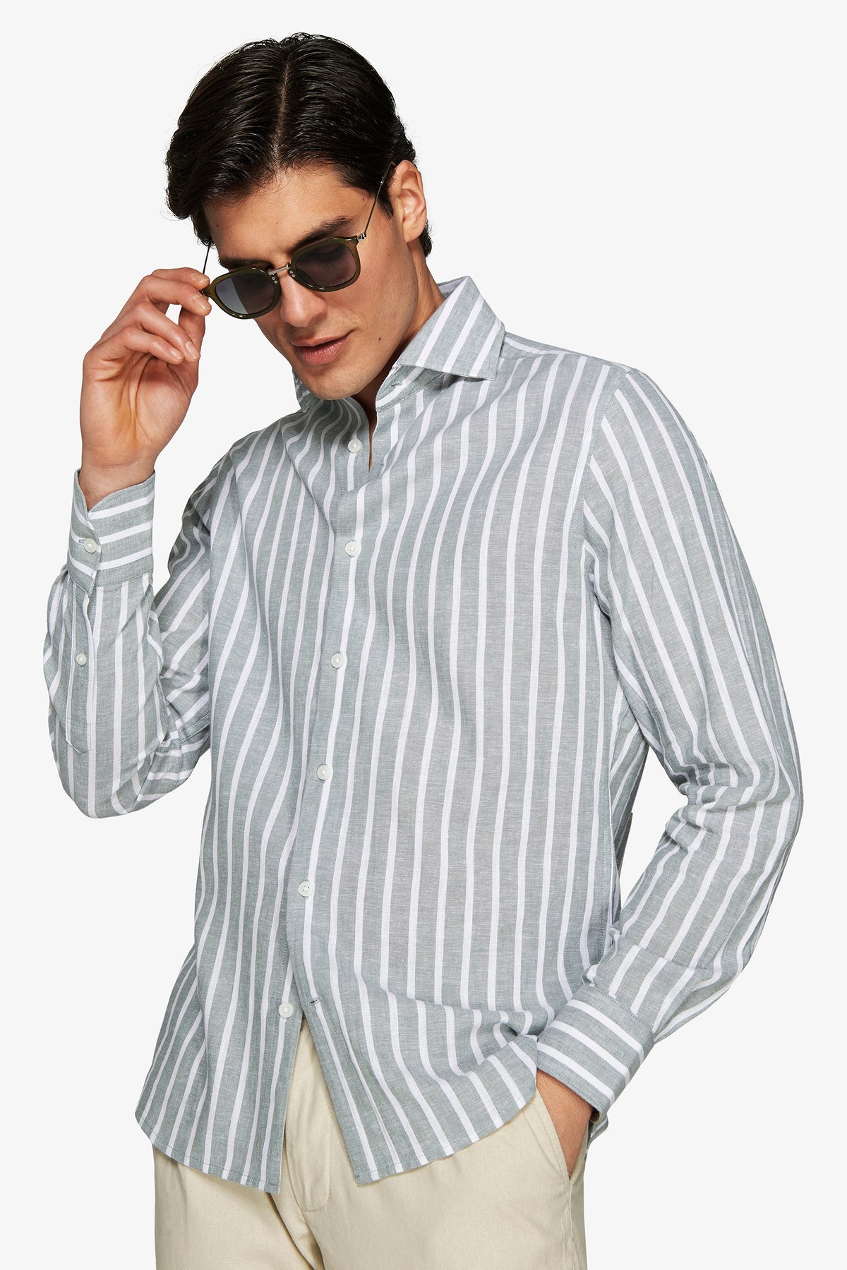 Green striped linen blend shirt