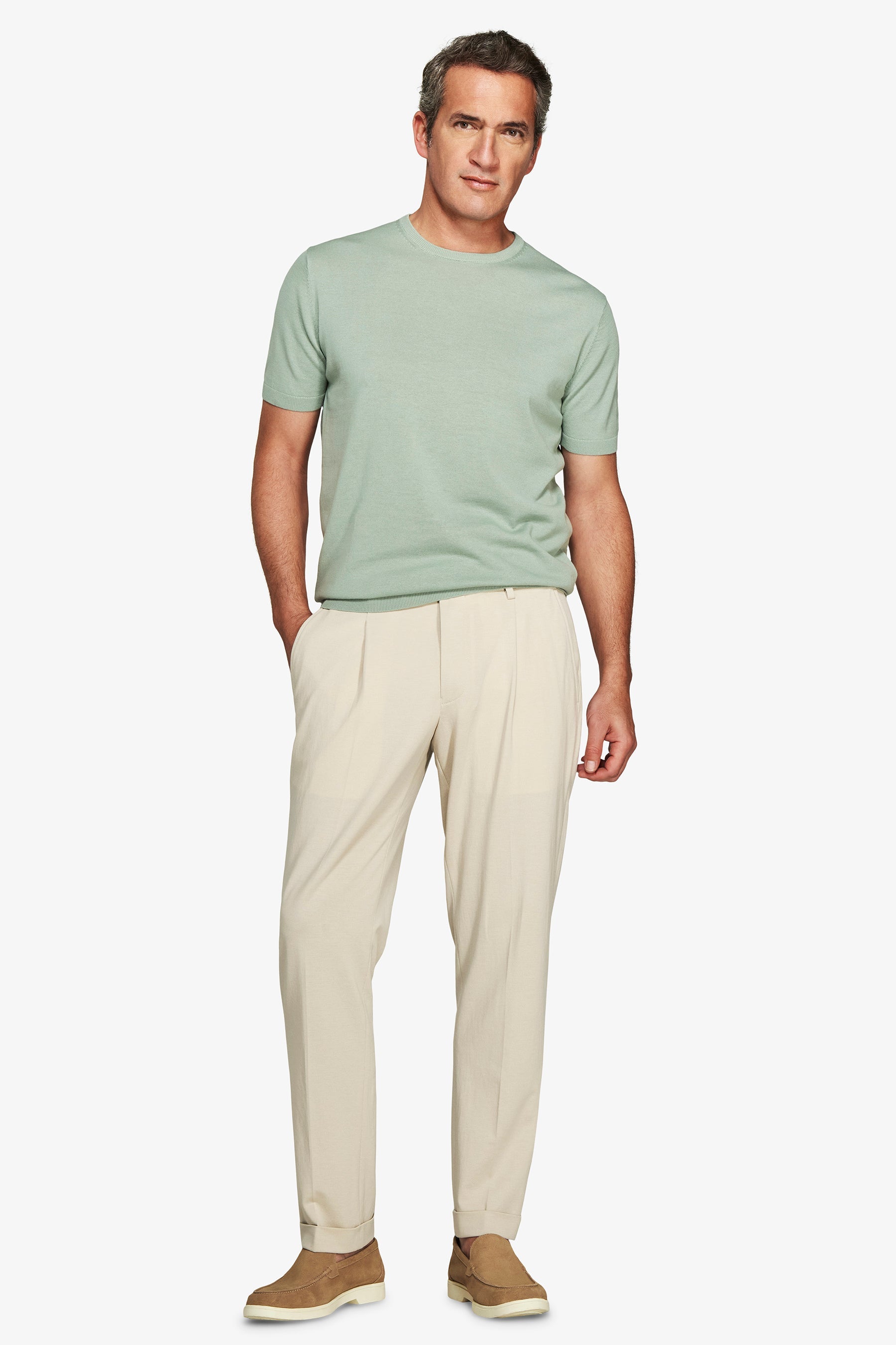 T-shirt in maglia basic in cotone verde chiaro-Dan John