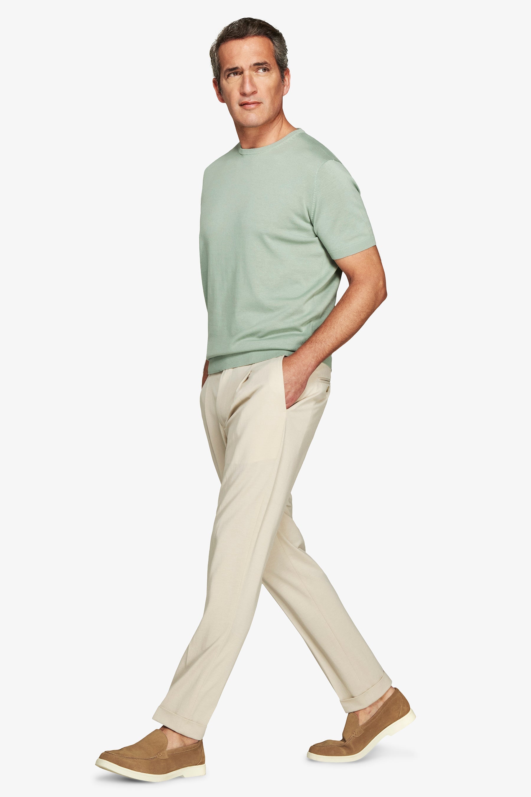 T-shirt in maglia basic in cotone verde chiaro-Dan John