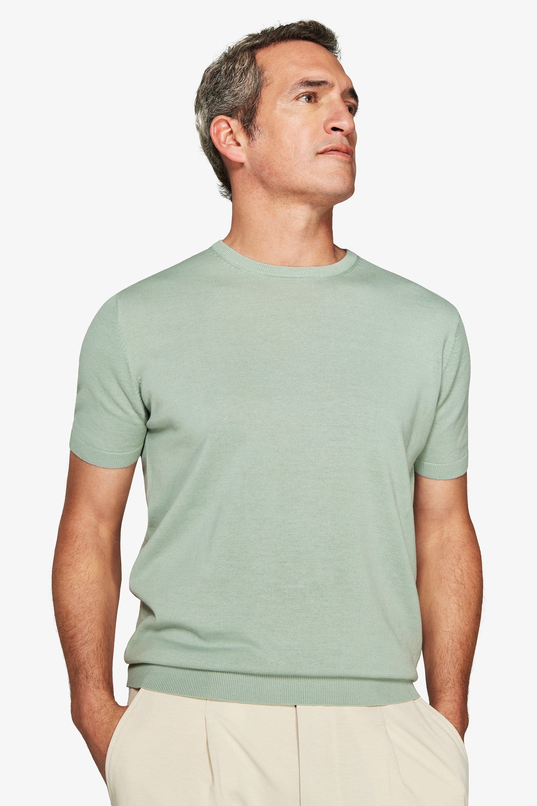 T-shirt in maglia basic in cotone verde chiaro-Dan John