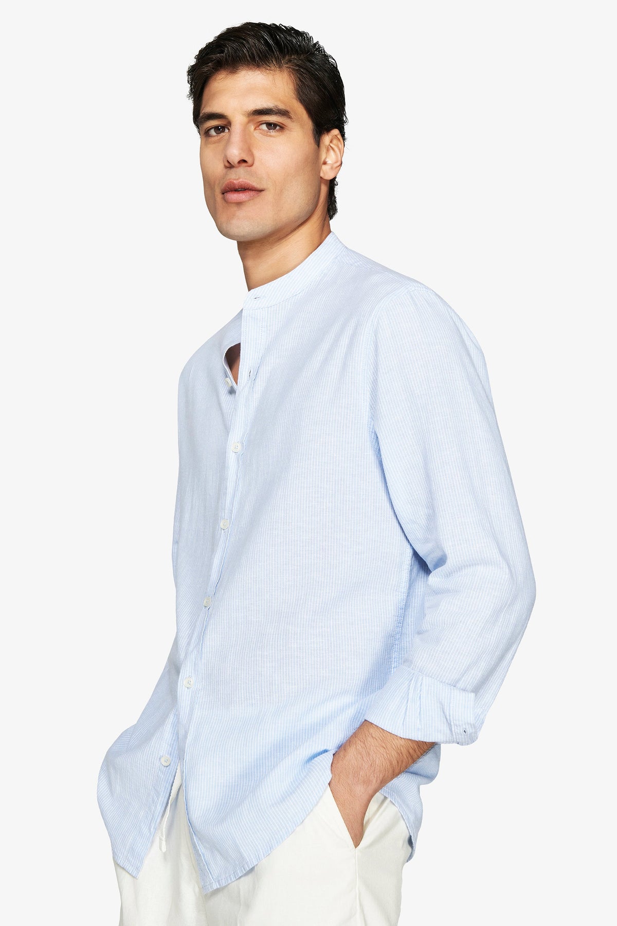 Light blue striped Korean linen blend shirt