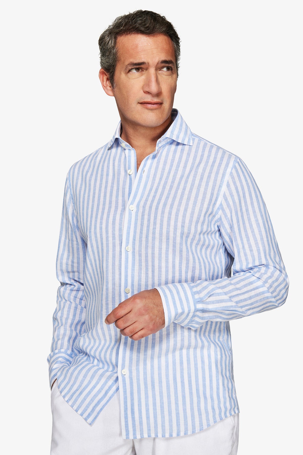 Camicia misto lino a righe celeste-Dan John