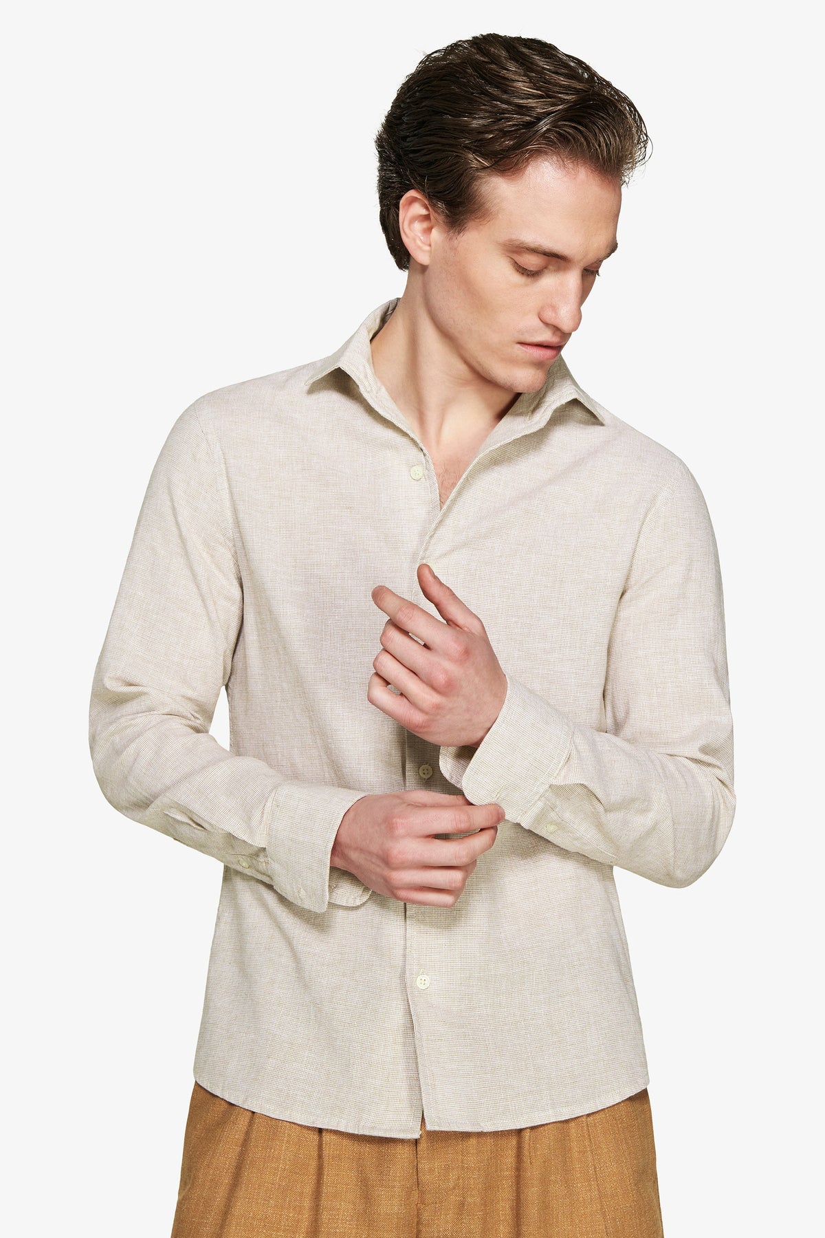 Tobacco micro pattern linen blend shirt