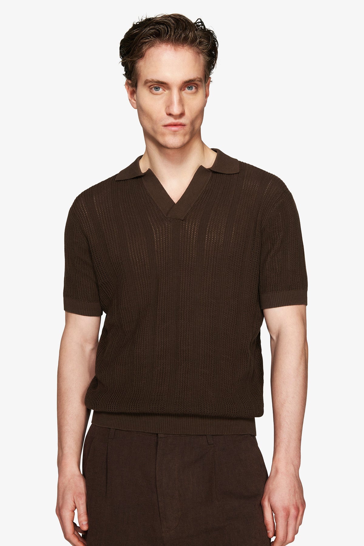 "Volume" dark brown woven polo shirt