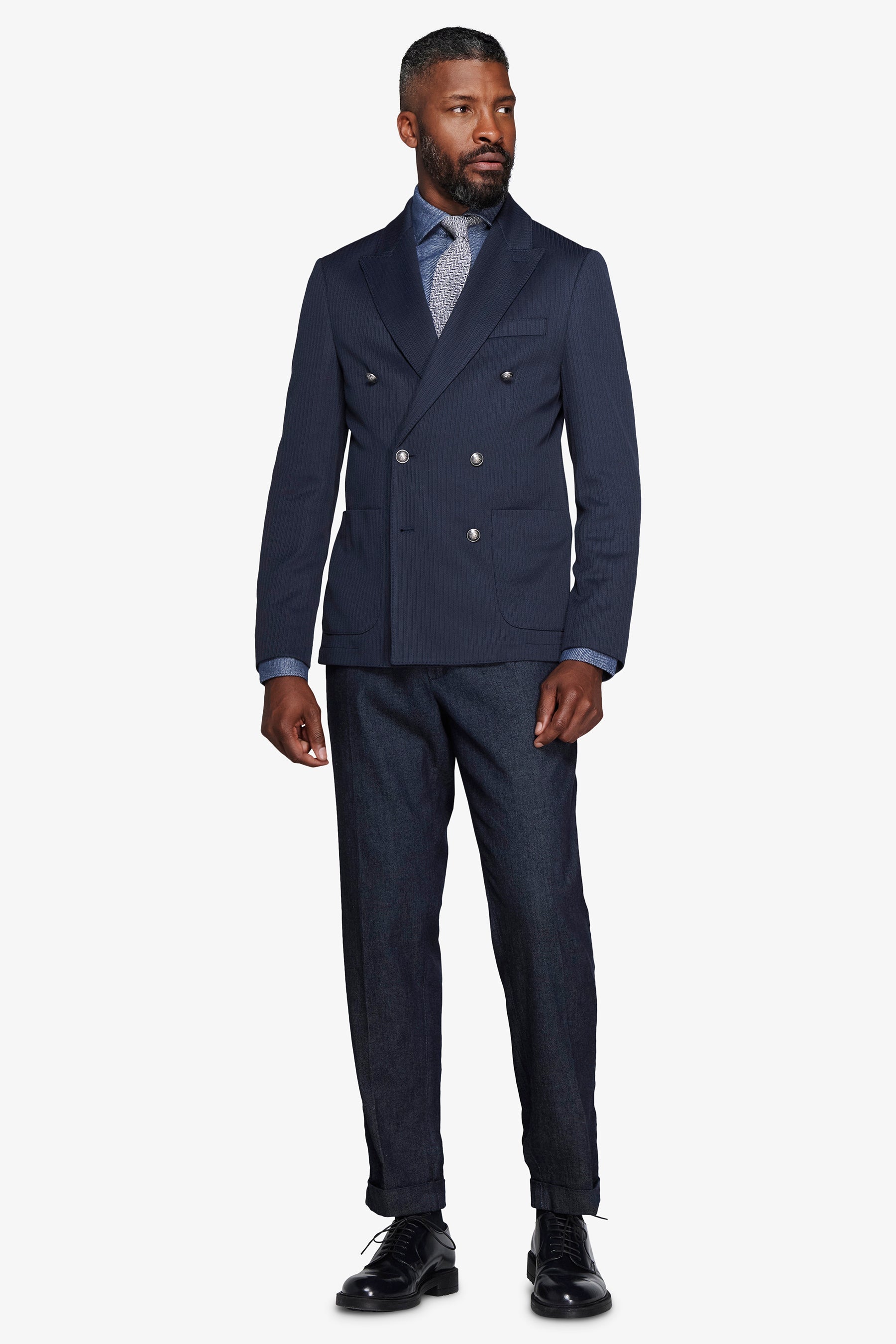 Giacca doppiopetto jersey operato blu-Dan John