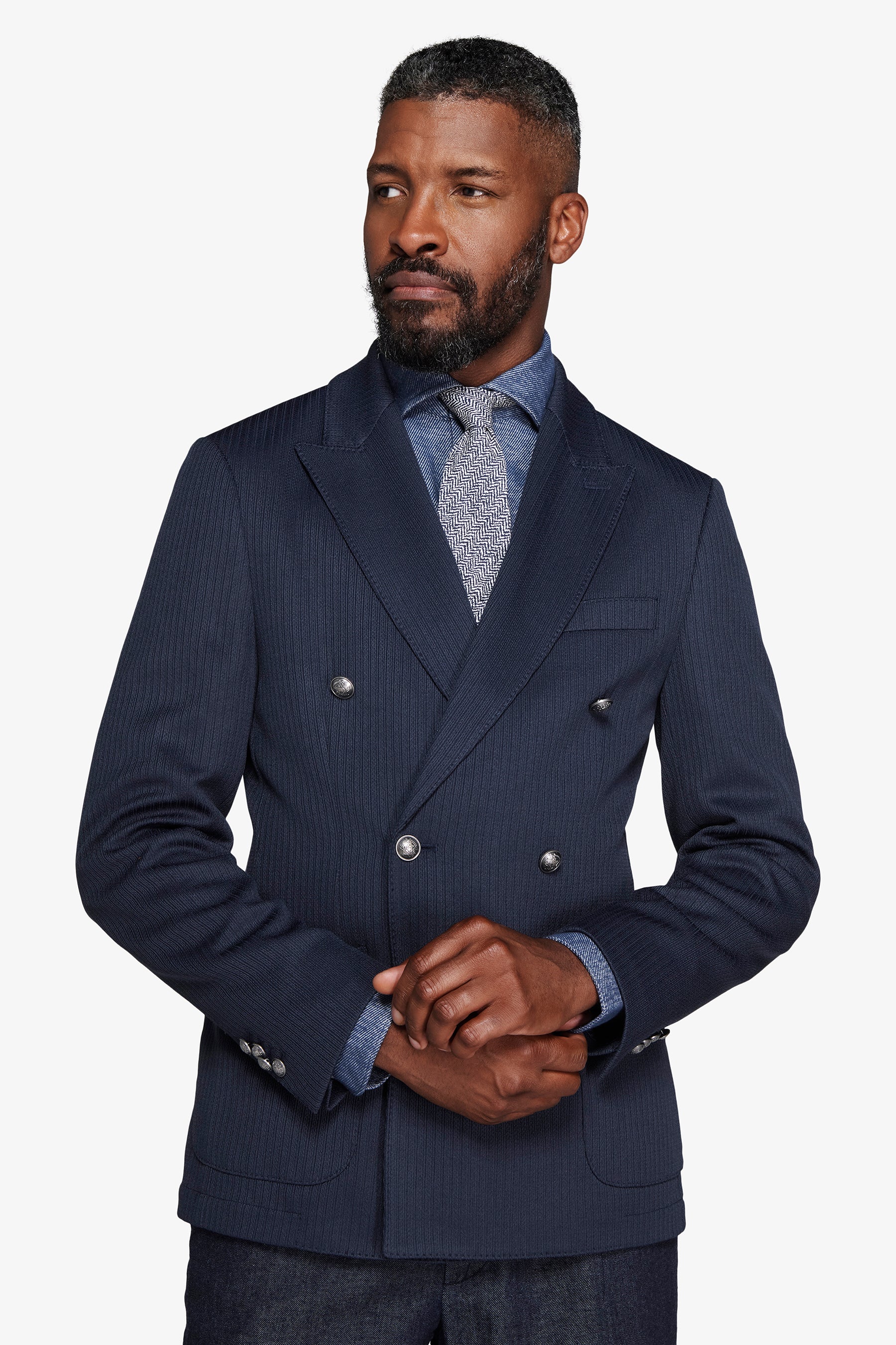 Giacca doppiopetto jersey operato blu-Dan John