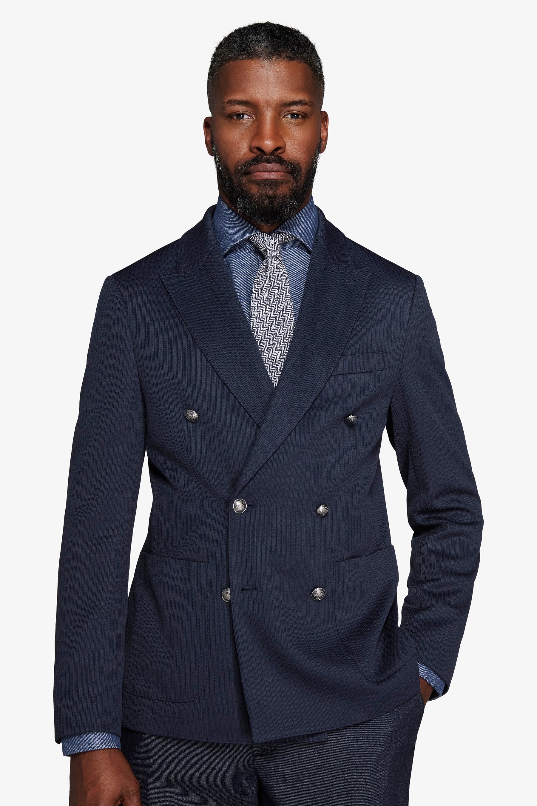 Giacca doppiopetto jersey operato blu-Dan John